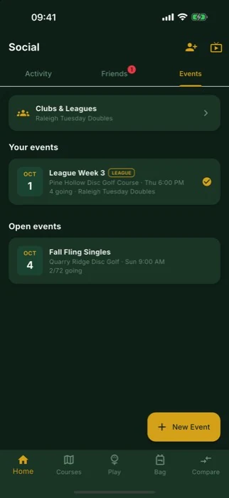 Events, clubs and leagues