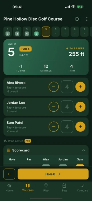 GPS distance to the basket on every hole