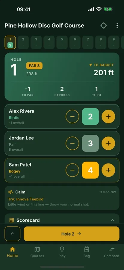 Live wind advice on every hole